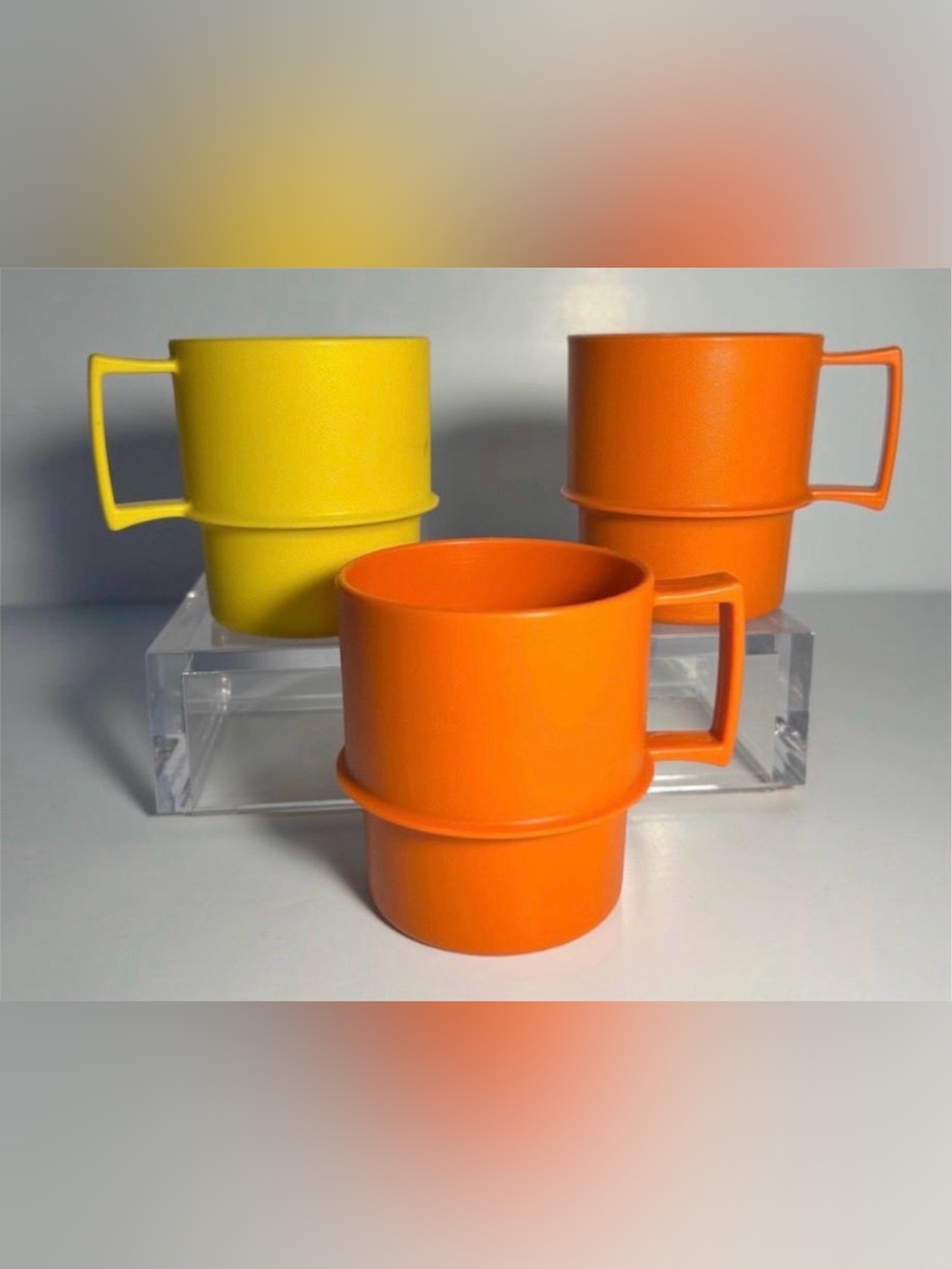 Vintage Tupperware Yellow & Orange Stackable Plastic Coffee Mugs